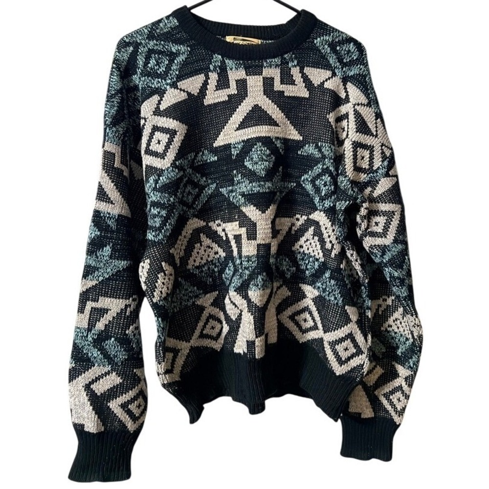Vintage Expressions Geometric Southwestern Knit Sweater Teal Black Mens Large